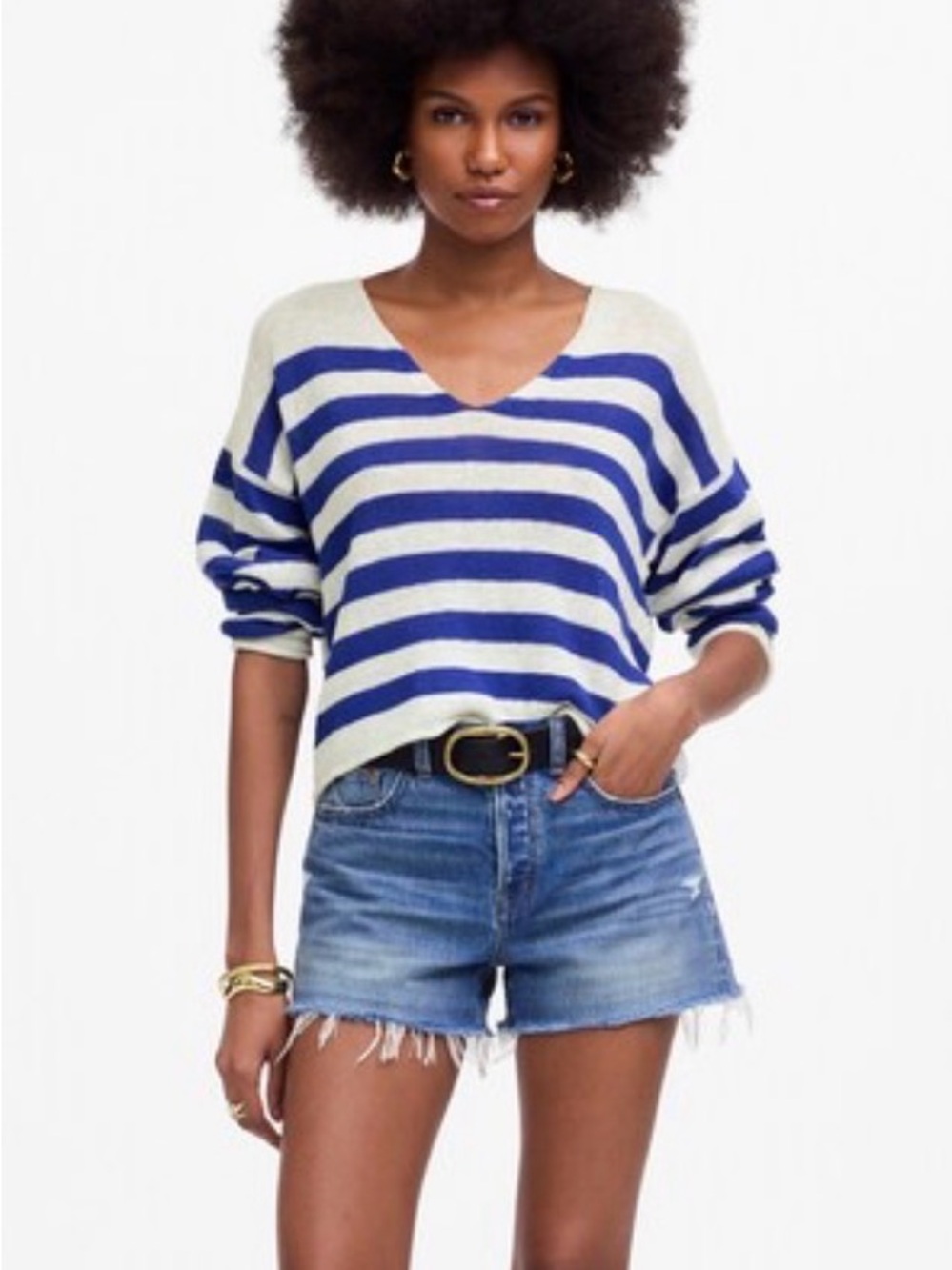 Madewell White and Blue Striped V-Neck Sweater